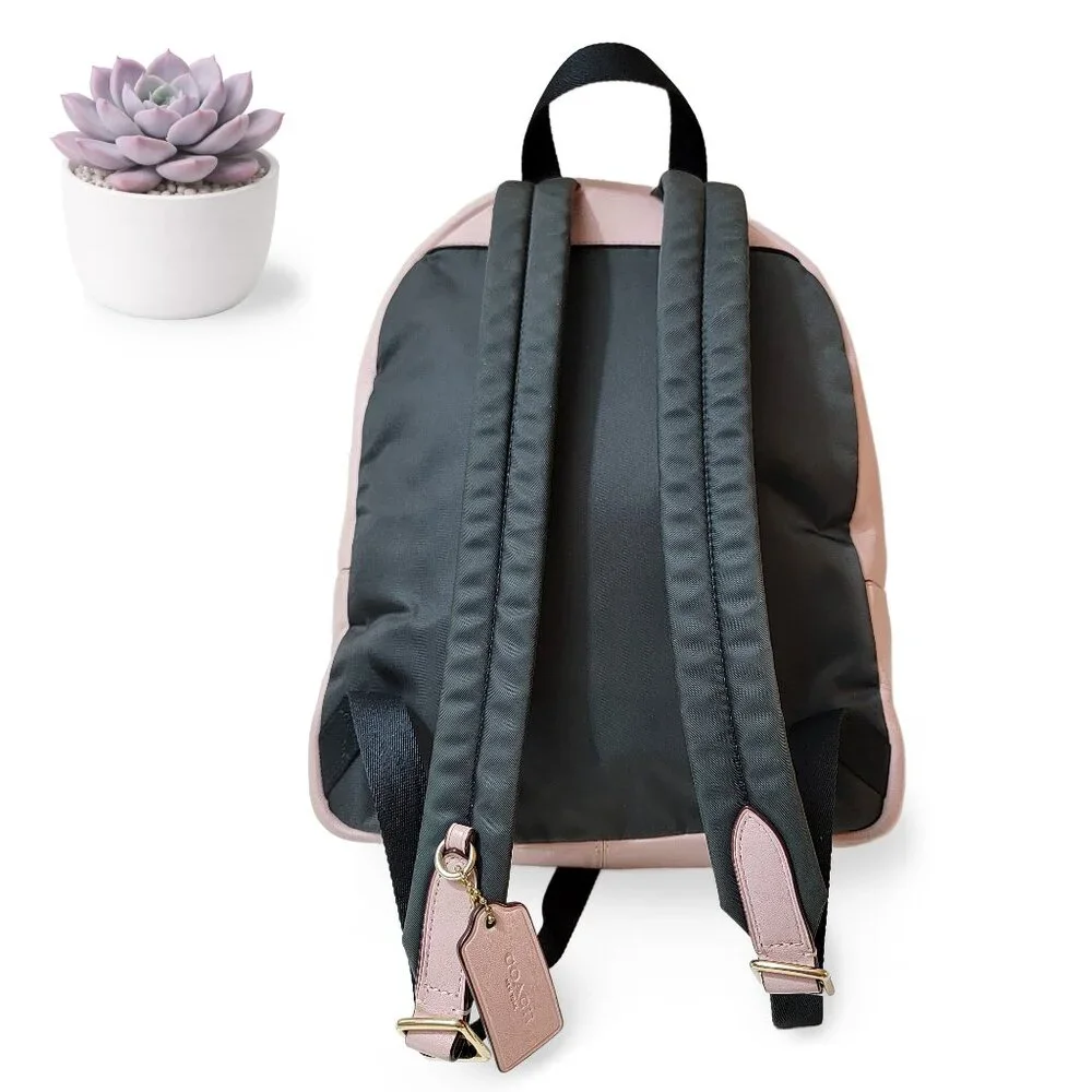 COACH Signature Canvas Mini Backpack Khaki Pink Leather Trim Bag - Picture 2 of 11